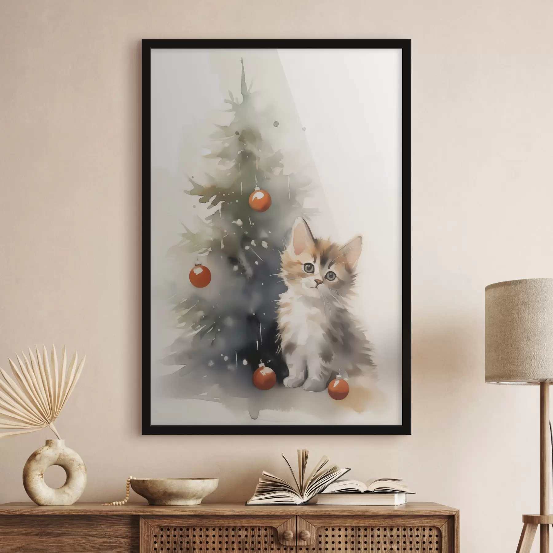  Schilderijen Katje bij de kerstboom imitatie van natte aquarel f42140
