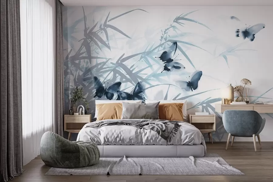 Fotobehang Texturale bamboebladeren en -stengels met vliegende blauwe vlinders met transparante vleugels w08524