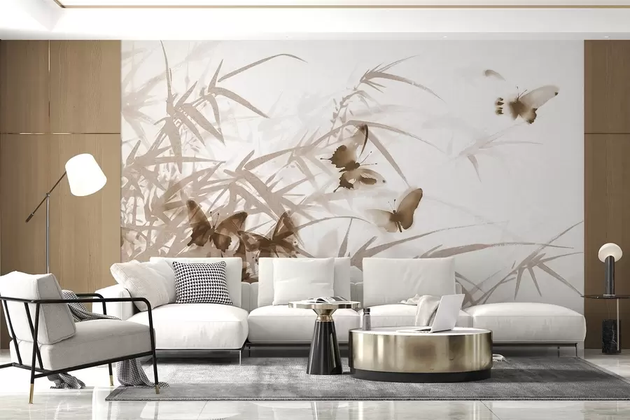 Fotobehang Texturale bamboebladeren en -stengels met vliegende bruine vlinders met transparante vleugels w08524v1