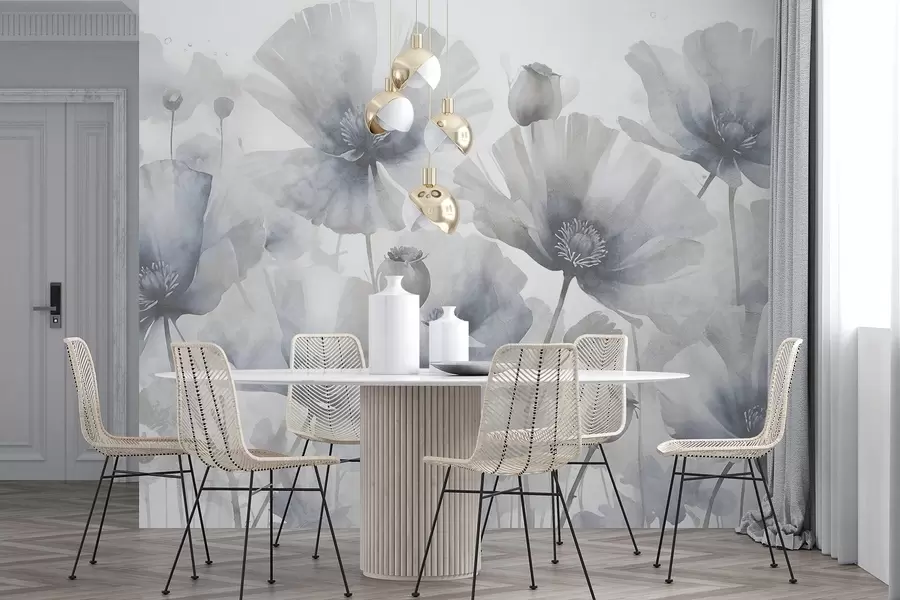 Fotobehang Fijn gestructureerde grunge grijs en witte bloemen met zachte, wazige bloemblaadjes tegen een witte achtergrond w08526