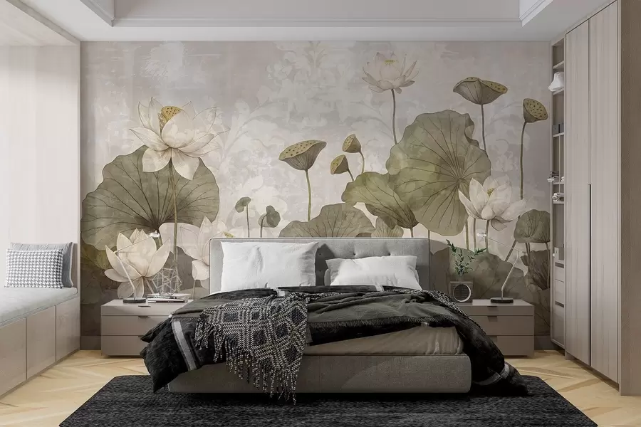 Fotobehang Een veld van witte lotusbloemen met grote groene bladeren tegen een zachte, wazige beige achtergrond w08527