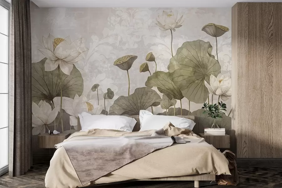Fotobehang Een veld van witte lotusbloemen met grote groene bladeren tegen een zachte, wazige beige achtergrond w08527