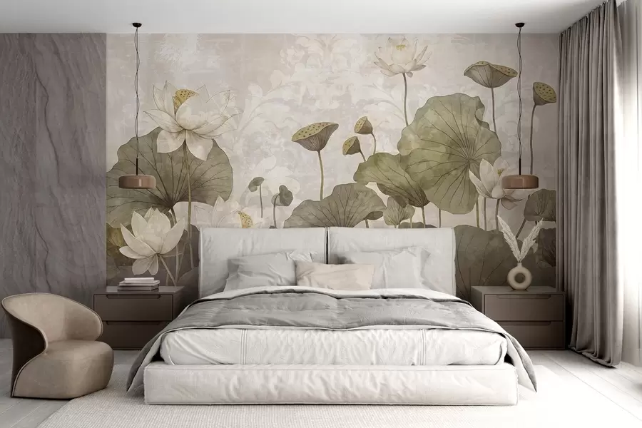 Fotobehang Een veld van witte lotusbloemen met grote groene bladeren tegen een zachte, wazige beige achtergrond w08527