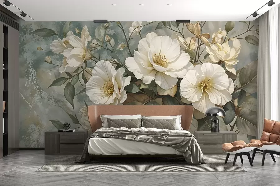 Fotobehang Grote, witte gedetailleerde pioenbloemen met groene bladeren tegen een zachte, turquoise achtergrond w08528