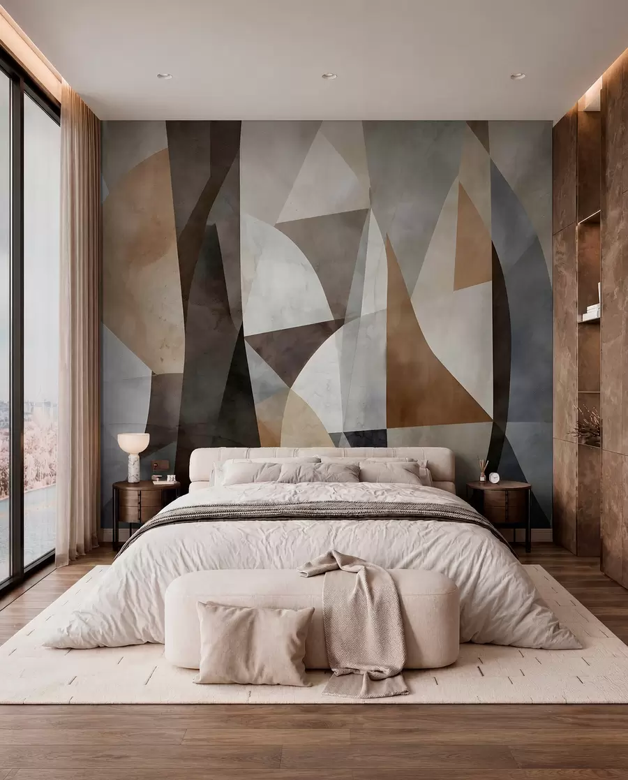 Fotobehang Abstracte moderne kunst met texturale geometrische vormen in bruin-, grijs- en beigetinten w08530