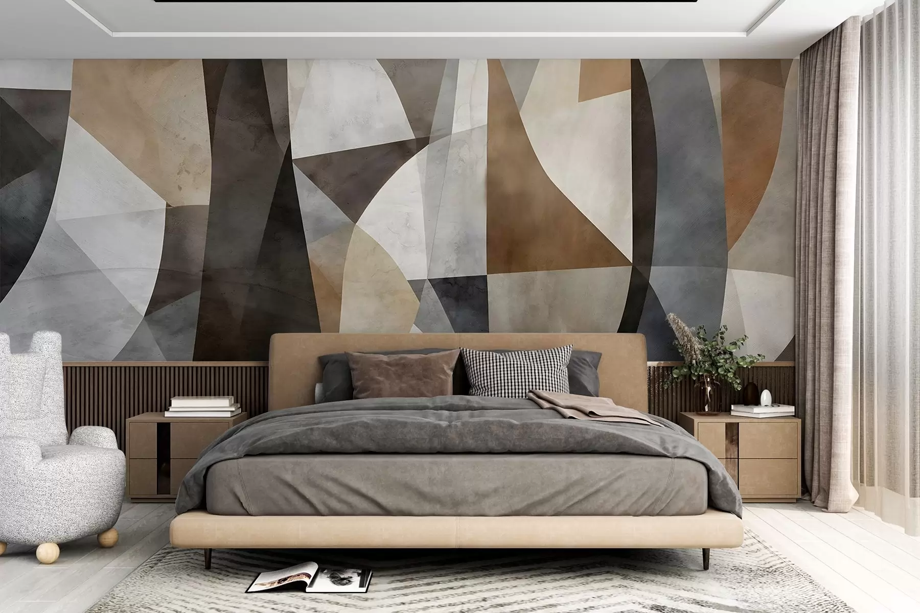 Fotobehang Abstracte moderne kunst met texturale geometrische vormen in bruin-, grijs- en beigetinten w08530