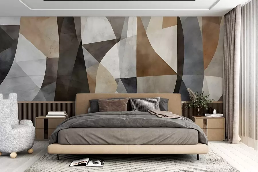 Fotobehang Abstracte moderne kunst met texturale geometrische vormen in bruin-, grijs- en beigetinten w08530