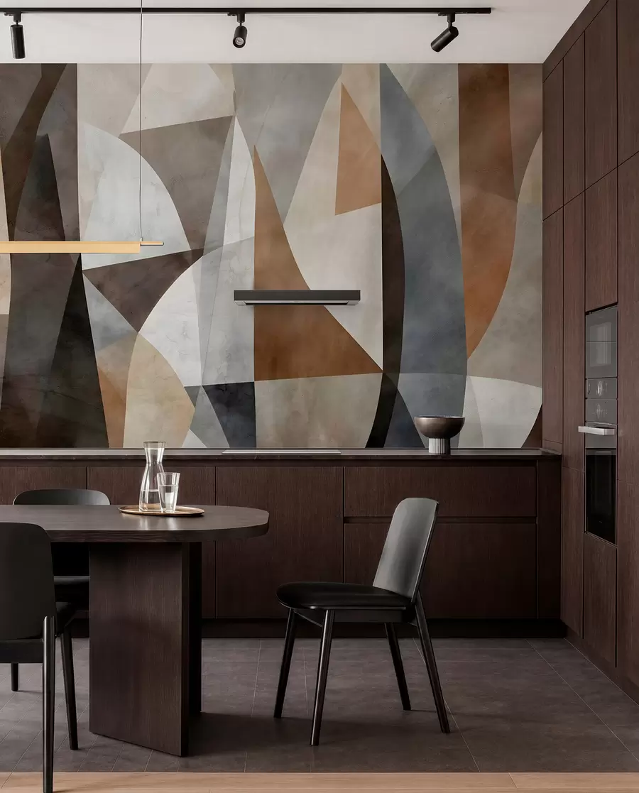 Fotobehang Abstracte moderne kunst met texturale geometrische vormen in bruin-, grijs- en beigetinten w08530
