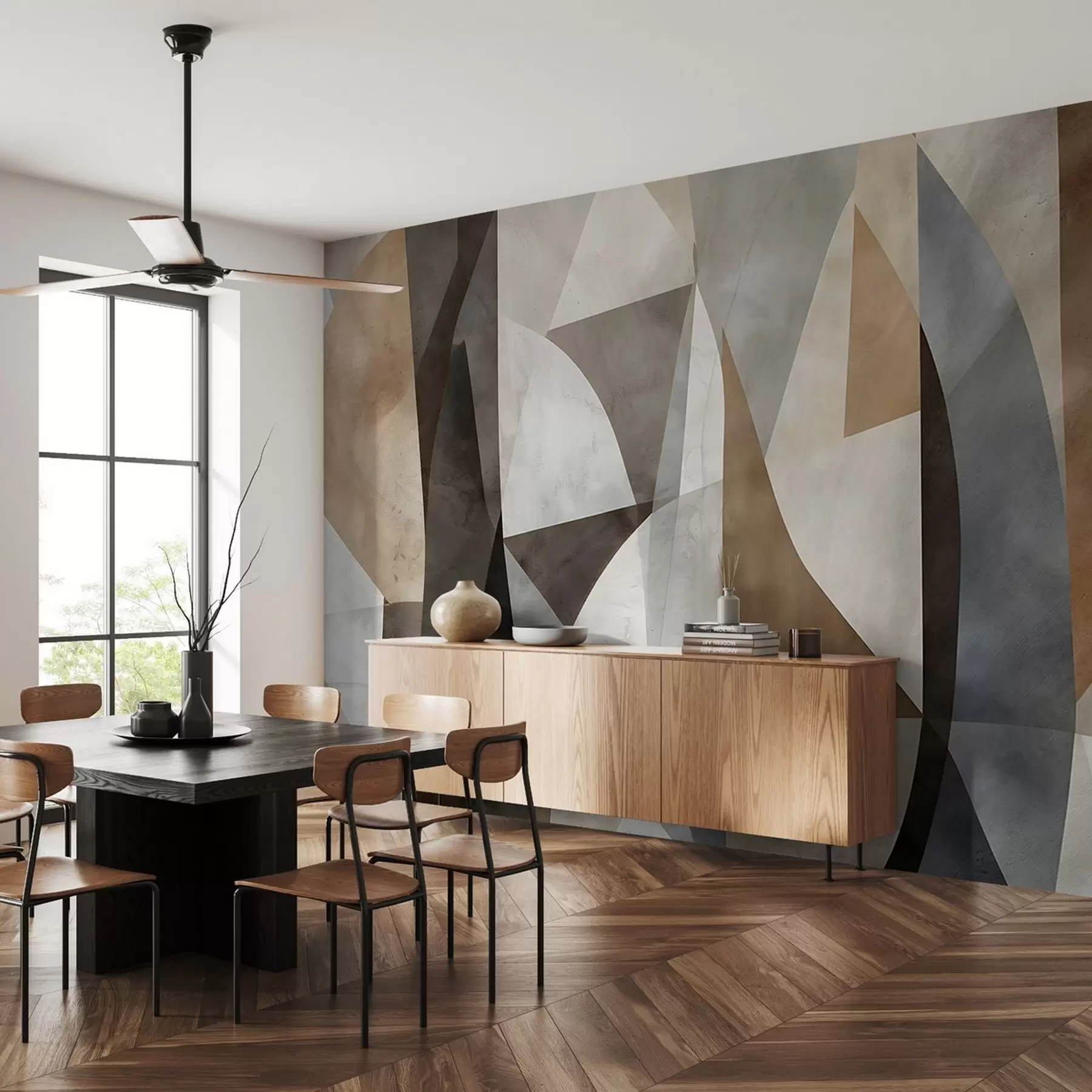 Fotobehang Abstracte moderne kunst met texturale geometrische vormen in bruin-, grijs- en beigetinten w08530