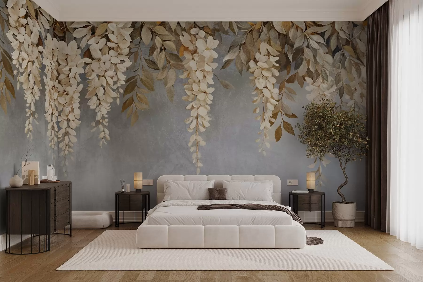 Fotobehang Delicate witte en lichtbeige blauweregen bloemen met bladeren tegen een zachtgrijze achtergrond w08531