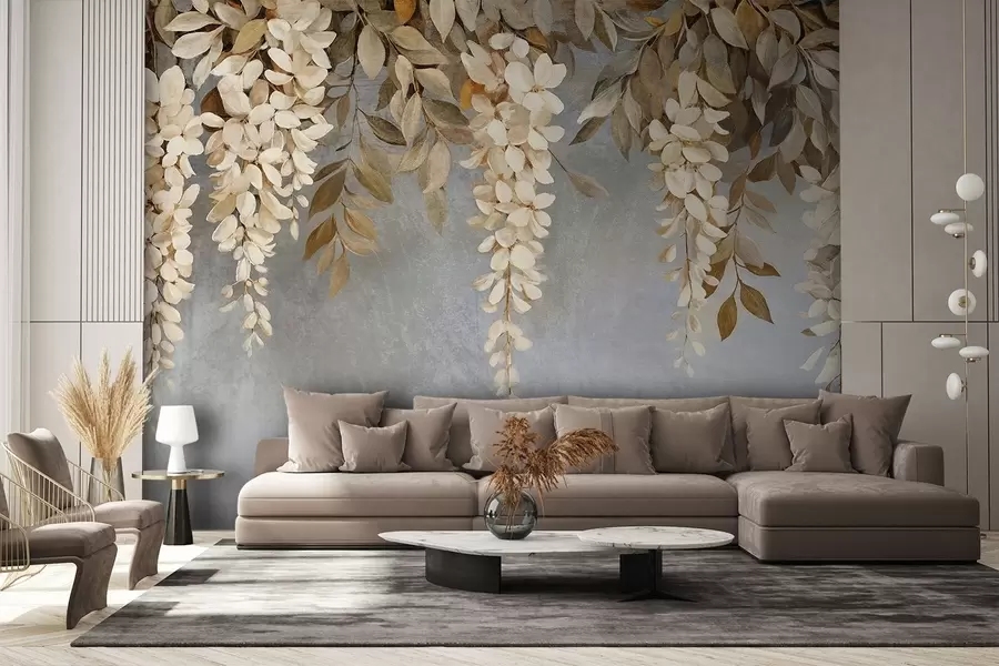 Fotobehang Delicate witte en lichtbeige blauweregen bloemen met bladeren tegen een zachtgrijze achtergrond w08531