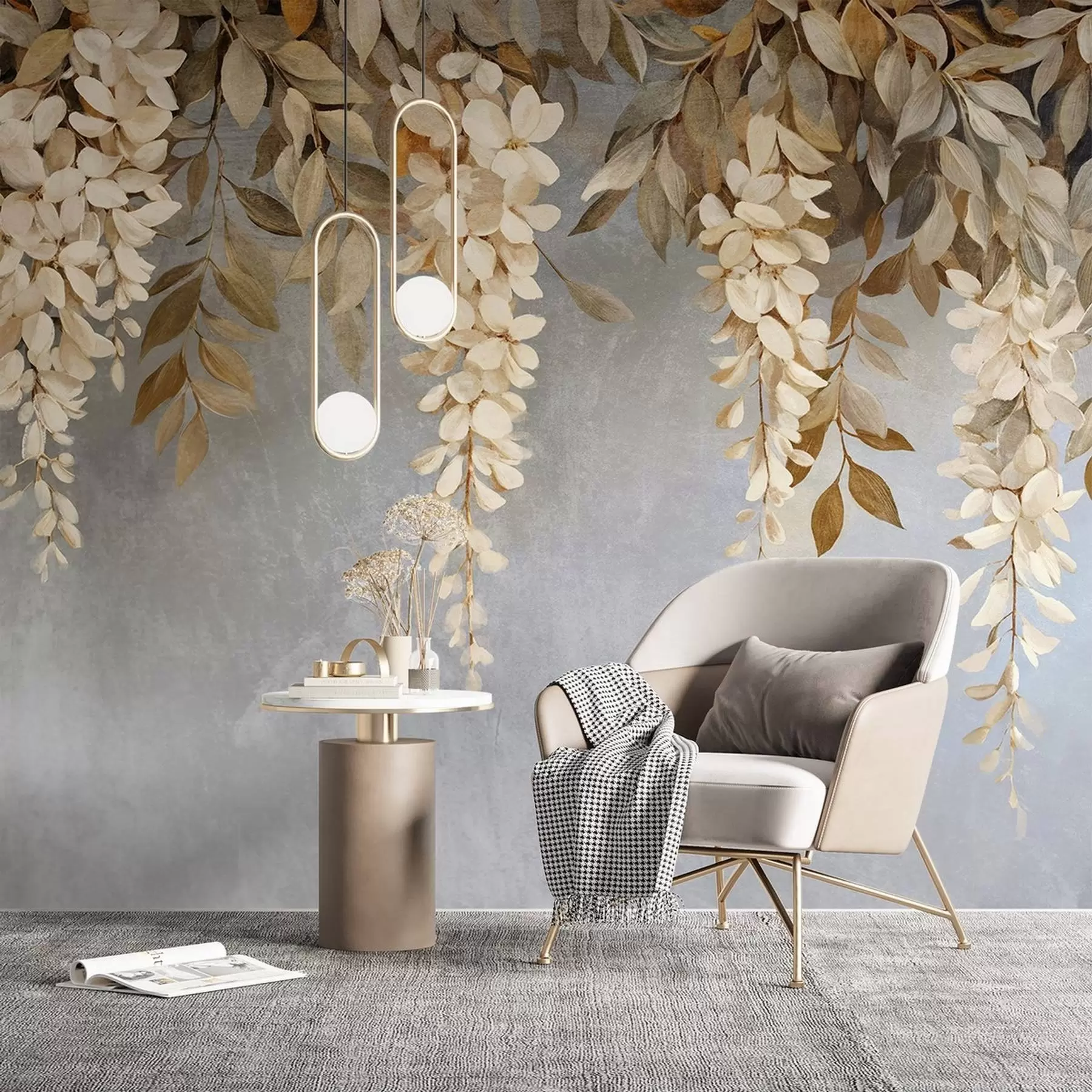 Fotobehang Delicate witte en lichtbeige blauweregen bloemen met bladeren tegen een zachtgrijze achtergrond w08531