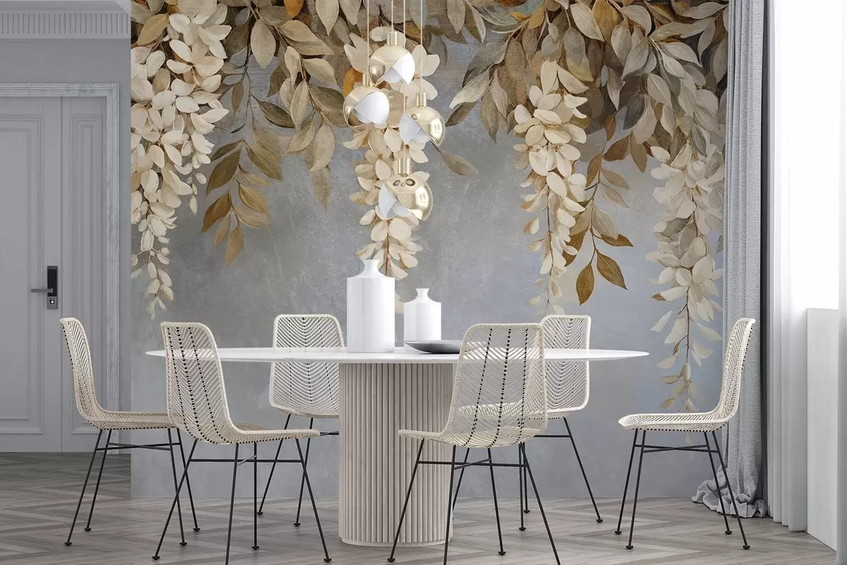 Fotobehang Delicate witte en lichtbeige blauweregen bloemen met bladeren tegen een zachtgrijze achtergrond w08531