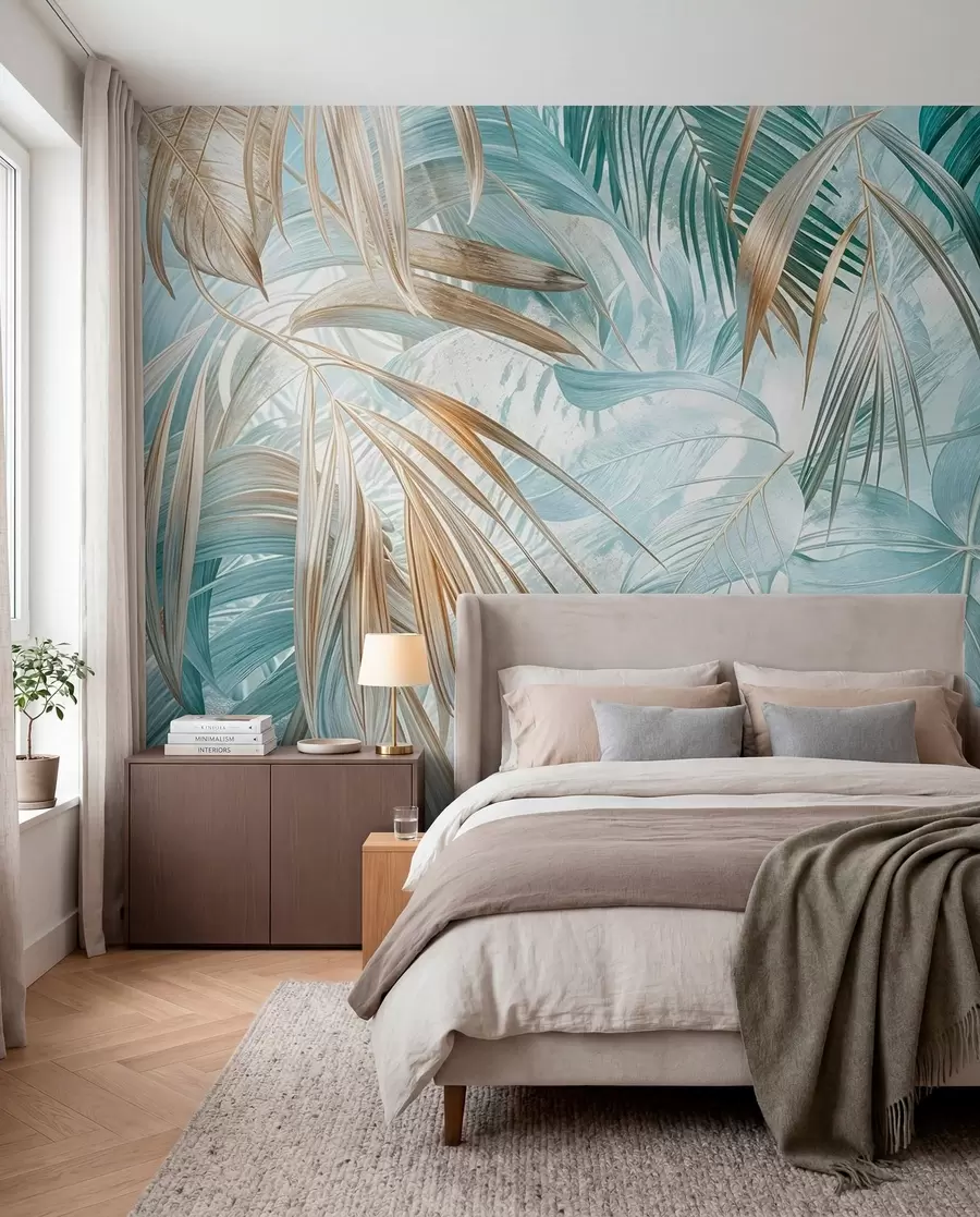 Fotobehang Een tropische abstracte bloemenprint met grote palmbladeren in blauw- en beigetinten creëert een weelderige sfeer w08532