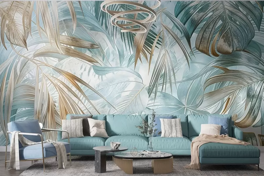 Fotobehang Een tropische abstracte bloemenprint met grote palmbladeren in blauw- en beigetinten creëert een weelderige sfeer w08532