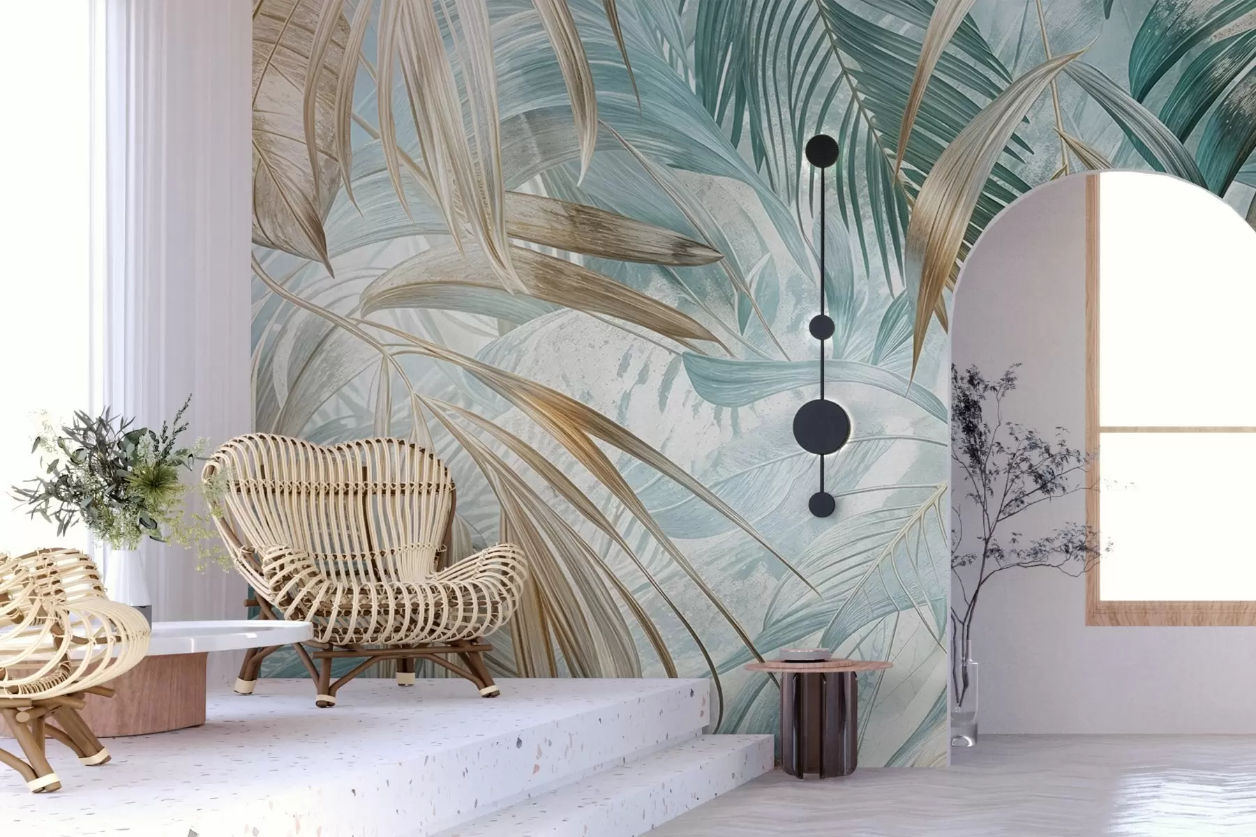 Fotobehang Een tropische abstracte bloemenprint met grote palmbladeren in blauw- en beigetinten creëert een weelderige sfeer w08532