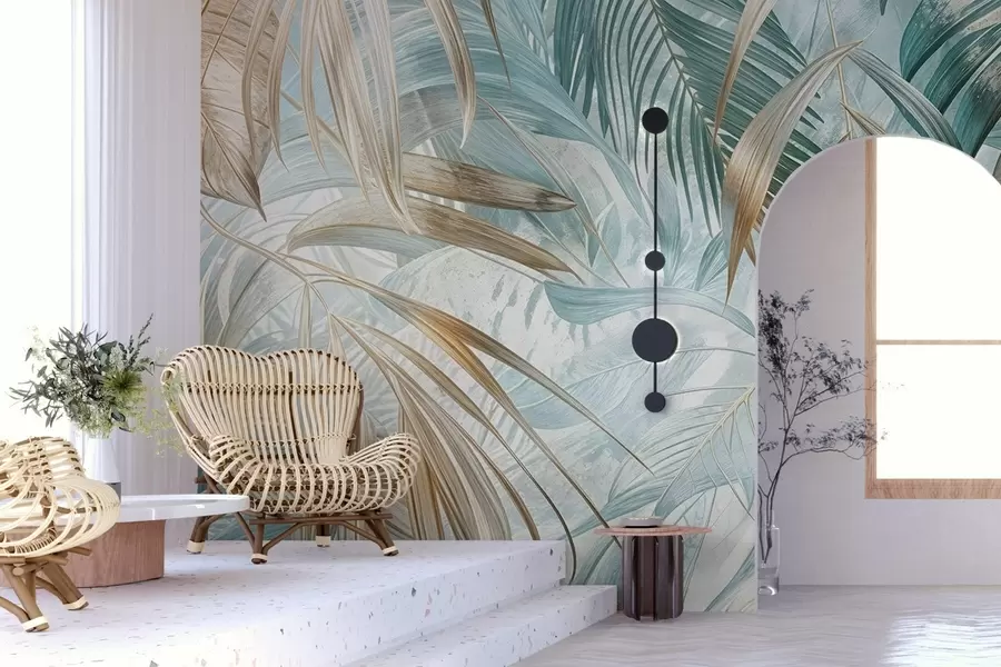 Fotobehang Een tropische abstracte bloemenprint met grote palmbladeren in blauw- en beigetinten creëert een weelderige sfeer w08532