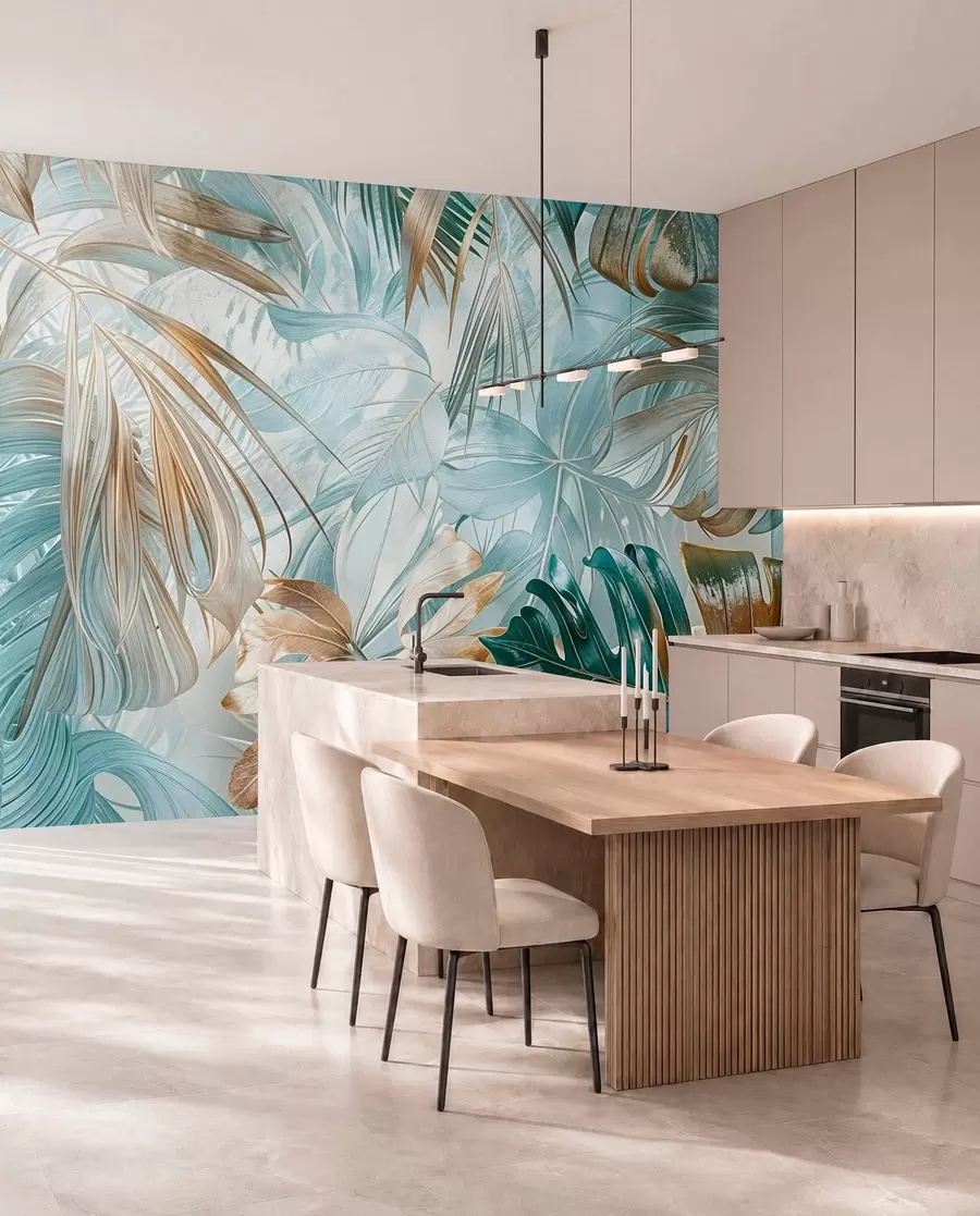 Fotobehang Een tropische abstracte bloemenprint met grote palmbladeren in blauw- en beigetinten creëert een weelderige sfeer w08532