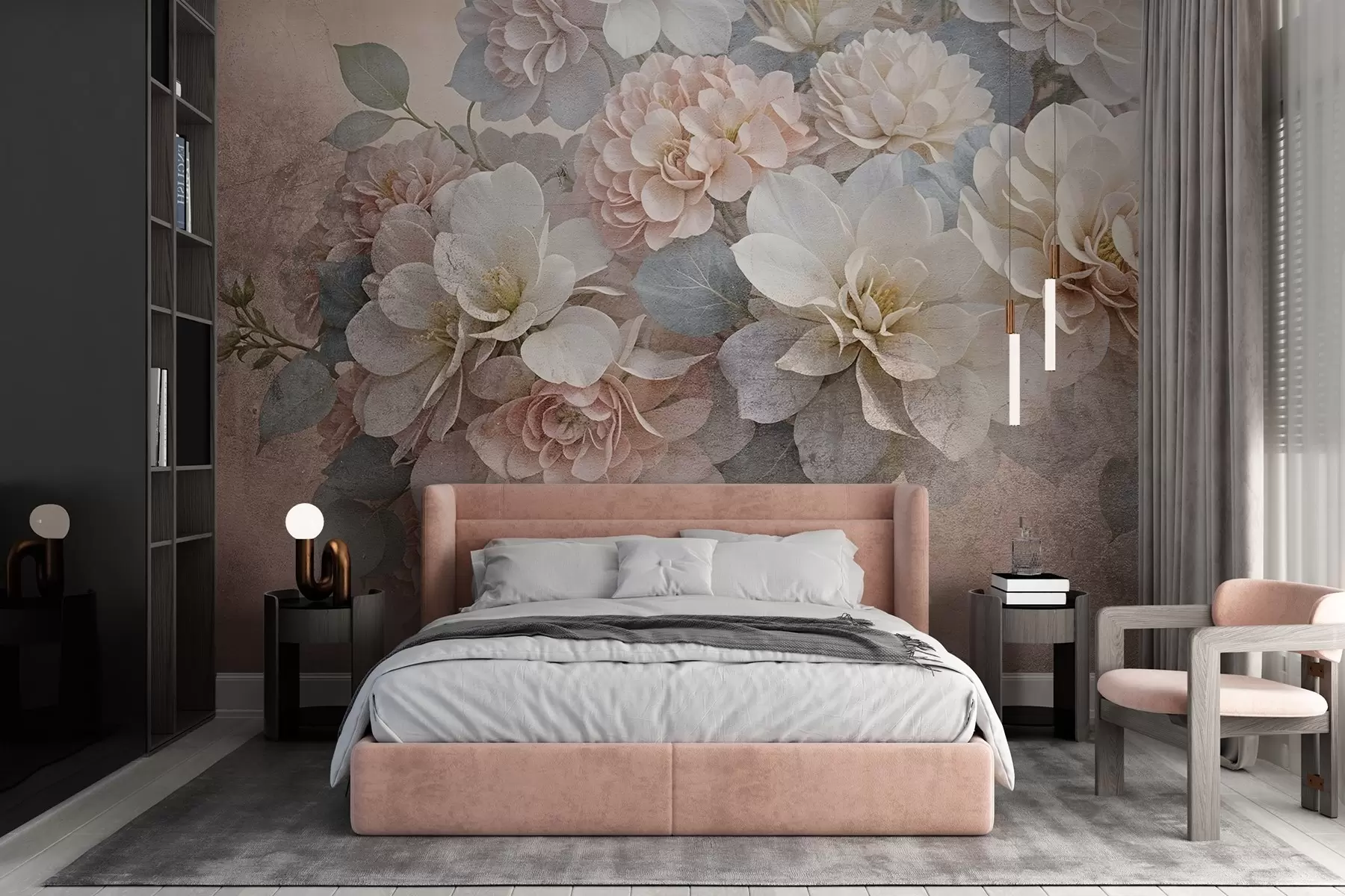 Fotobehang Zachte textuurprint met perzik- en witte pioenbloemen met groene bladeren op de beige achtergrond w08534