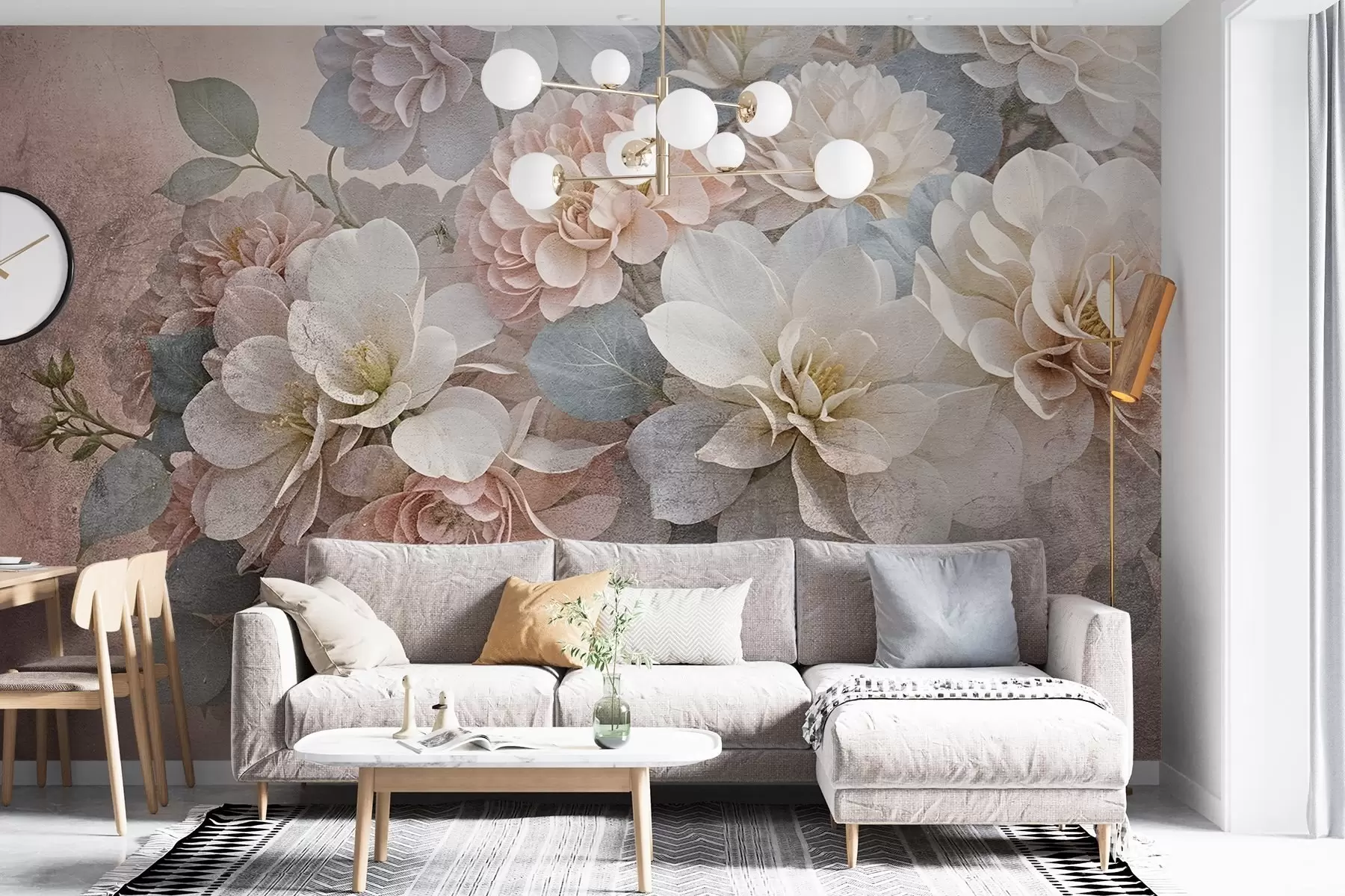 Fotobehang Zachte textuurprint met perzik- en witte pioenbloemen met groene bladeren op de beige achtergrond w08534