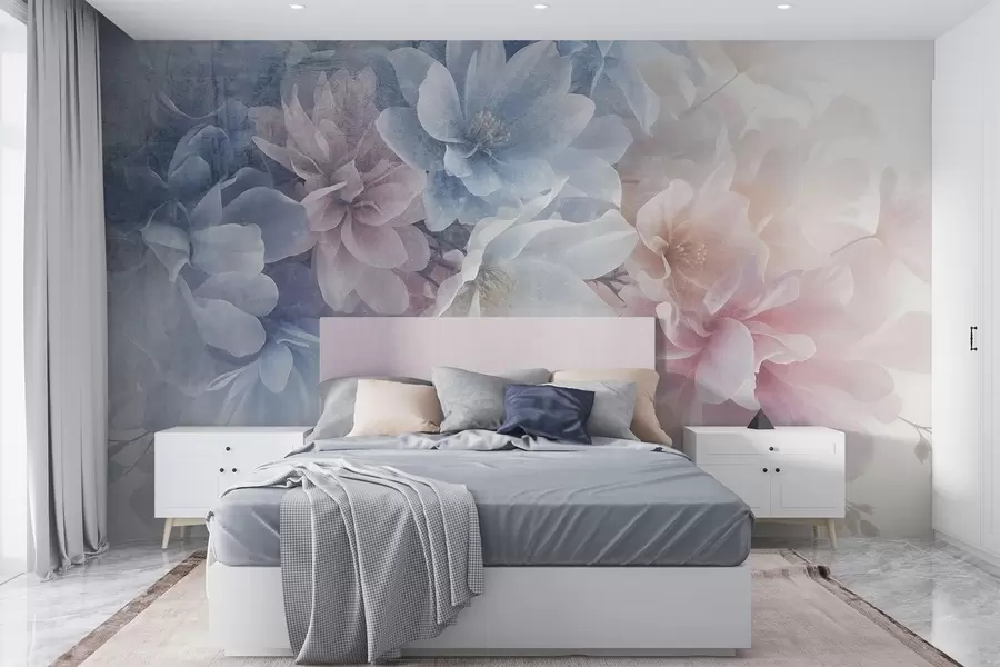 Fotobehang Zacht, pastelkleurig bloemstuk met grote, delicate bloemen in roze, blauwe en witte tinten  w08535
