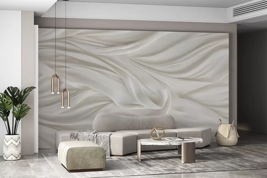 Fotobehang Moderne print met imitatie van gladde, vloeiende witte stof met zachte, golvende plooien en vouwen w08537