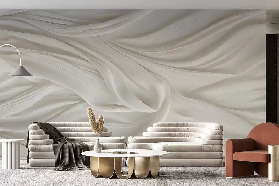 Fotobehang Moderne print met imitatie van gladde, vloeiende witte stof met zachte, golvende plooien en vouwen w08537