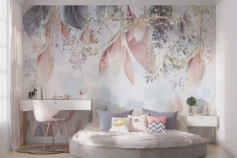 Fotobehang Zachte, pastelkleurige bloemenprint met delicate bloemblaadjes en bladeren in roze, witte en grijze tinten w08538