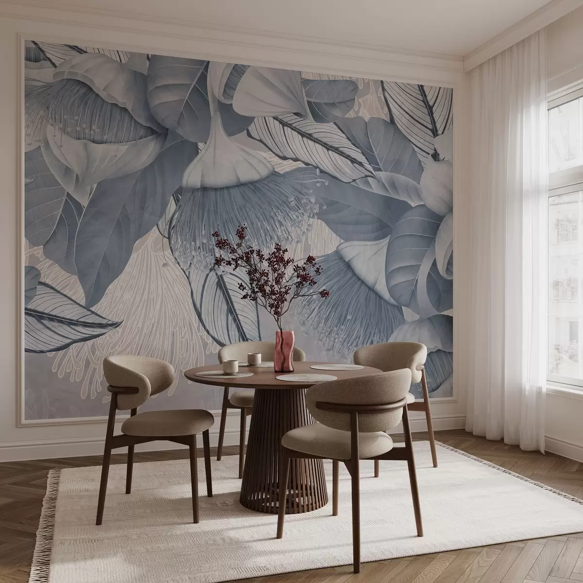 Fotobehang Botanische illustratie van grote, blauwe eucaliptusbloemen met lange meeldraden tegen een grijze en witte achtergrond w08539v1