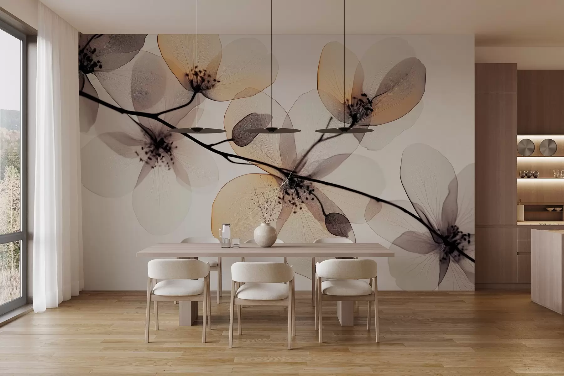 Fotobehang delicate en verfijnde tak met transparante bloemen  w02630