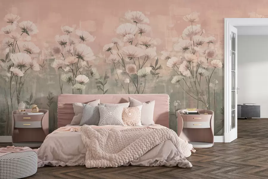 Fotobehang Tere wilde bloemen met penseelstreekeffect in roze w02629