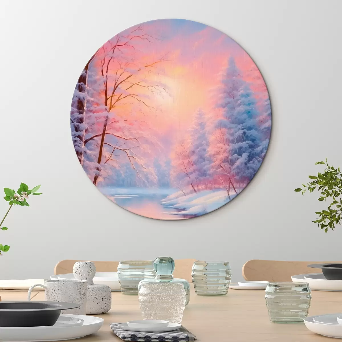 Ronde schilderijen Wintersprookje bij de rivier r42149