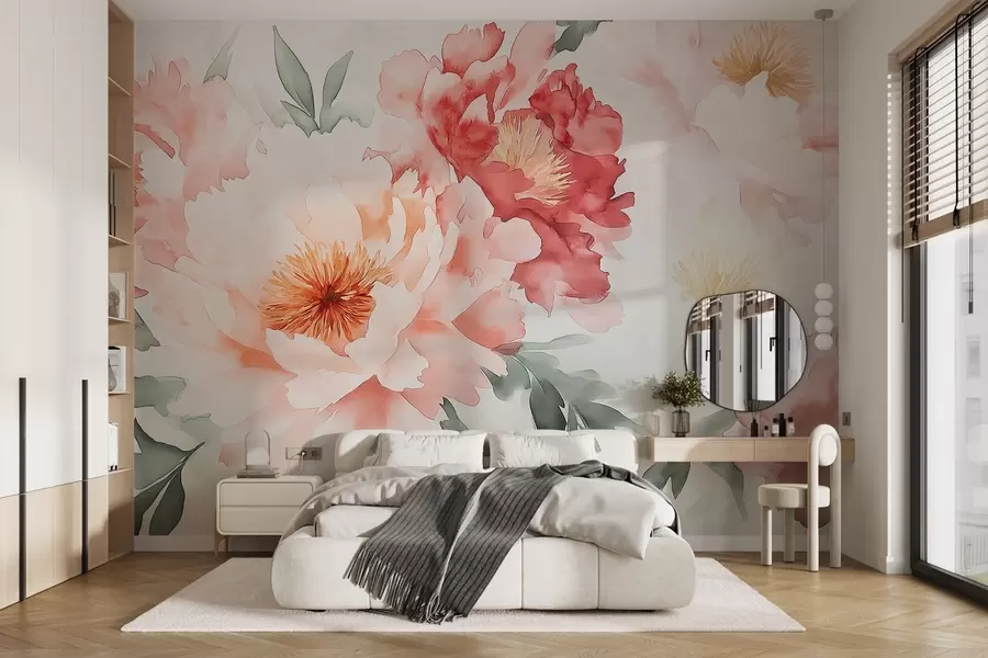 Fotobehang Grote delicate waterverf pioenrozen w08571