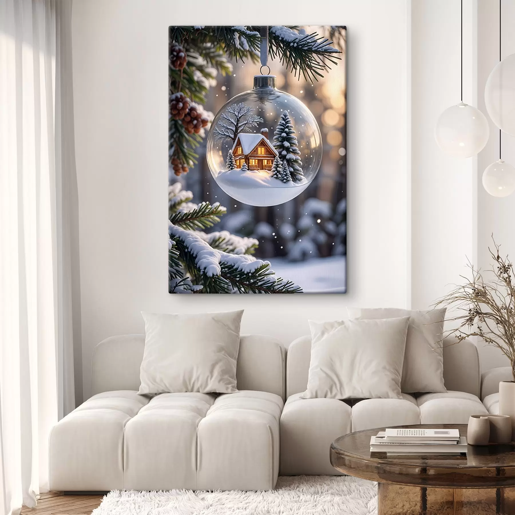  Schilderijen Een glazen kerstbol met een besneeuwd winterlandschap aan de binnenkant, met een gezellige hut in het bos met dennenbomen s42236