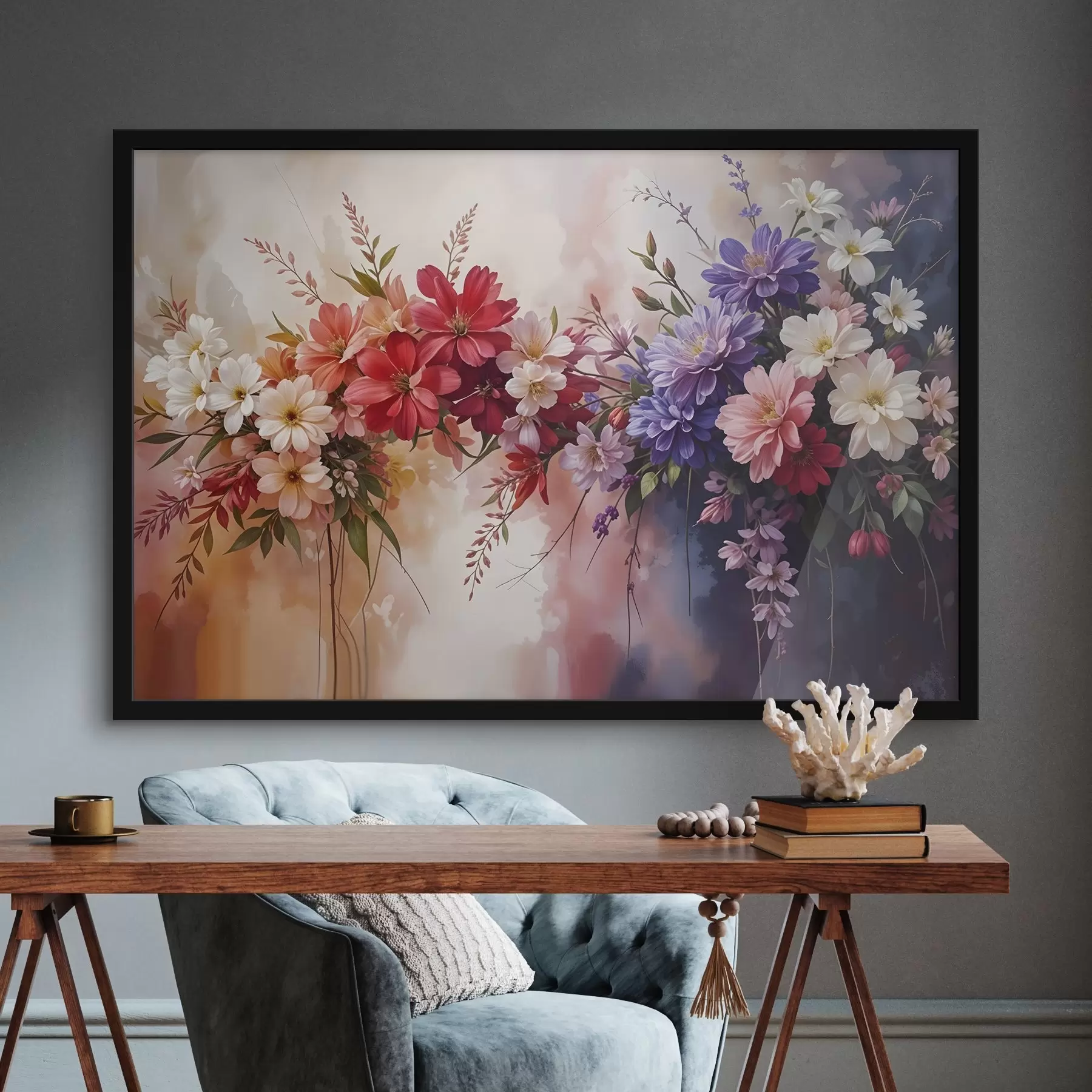 Fotobehang Kleurrijke bloemen zoals rode, roze en paarse dahlia's, margrieten en andere bloemen tegen een zachte, onscherpe achtergrond f42234