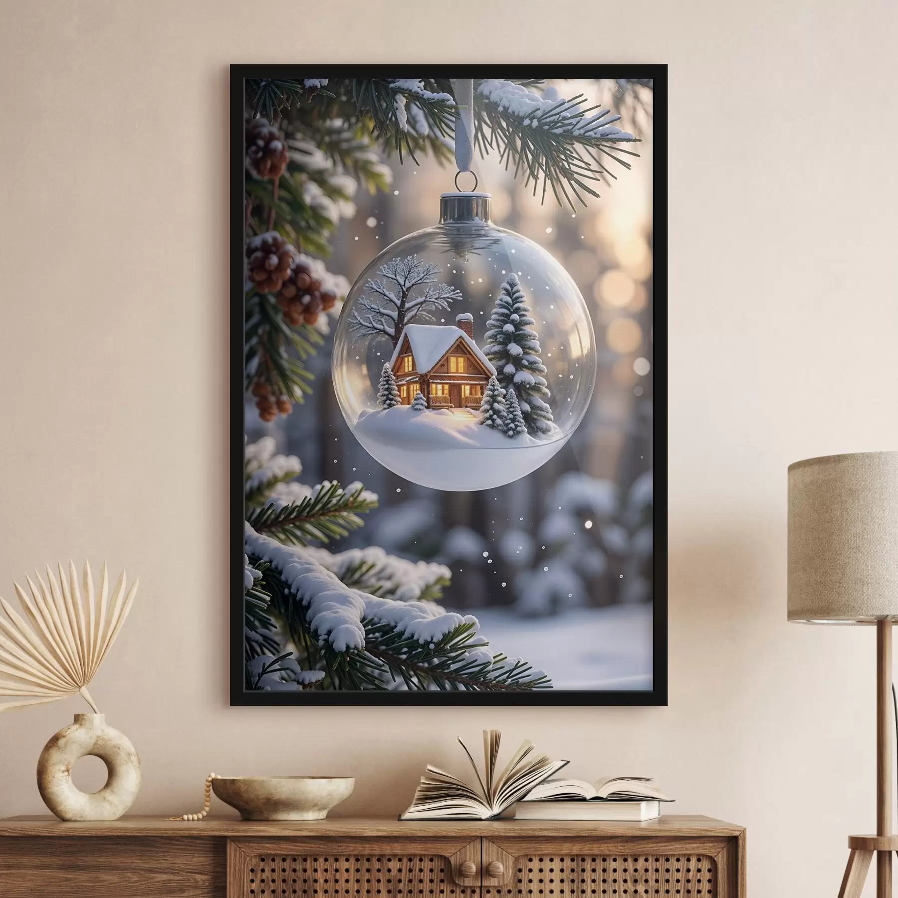 Fotobehang Een glazen kerstbol met een besneeuwd winterlandschap aan de binnenkant, met een gezellige hut in het bos met dennenbomen f42236