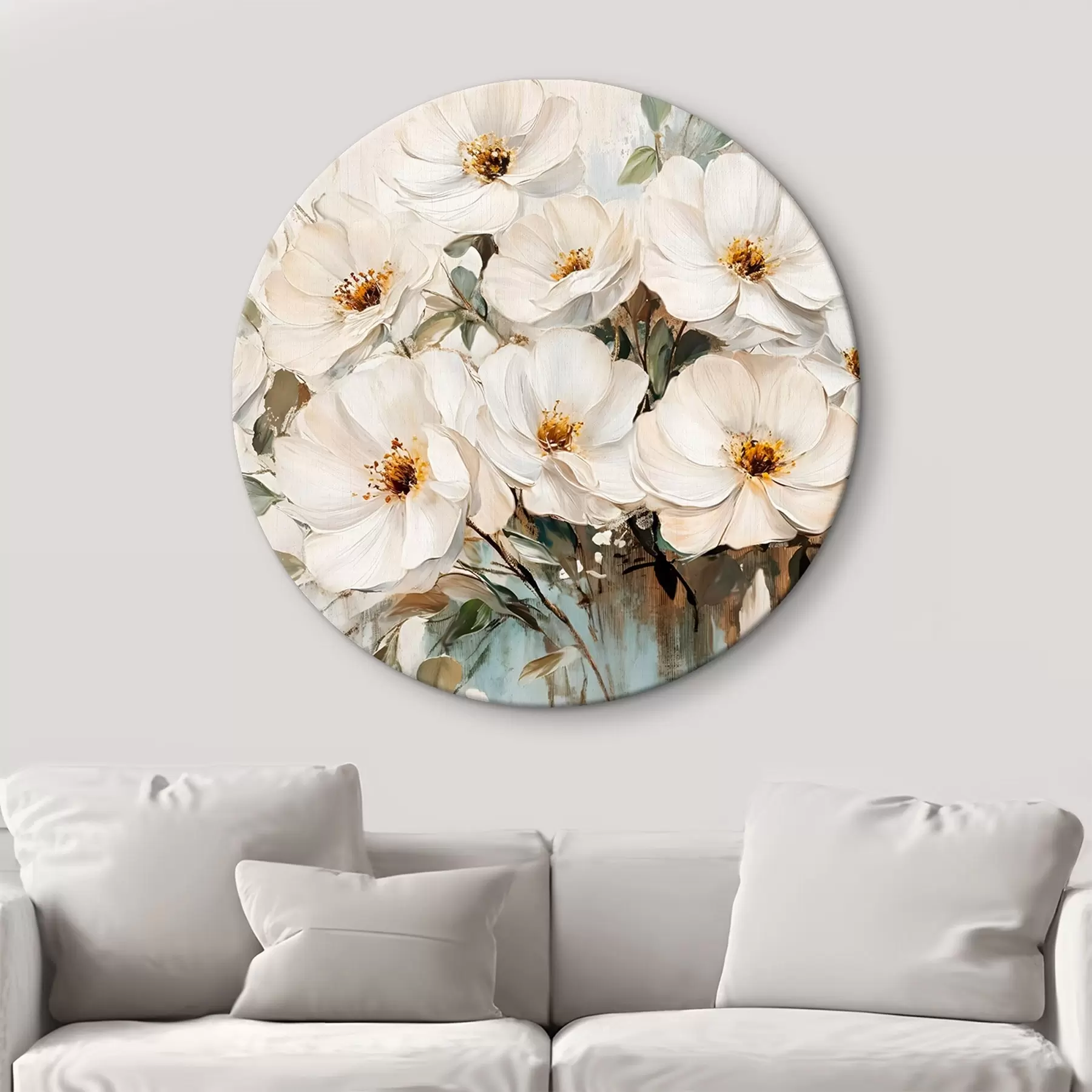  Schilderijen Een boeket grote witte bloemen in olieverfstijl met gele harten tegen een lichte achtergrond r42222