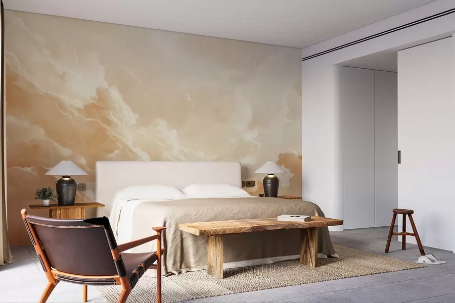 Fotobehang Beige lucht met wolken in een schilderachtige stijl w08550