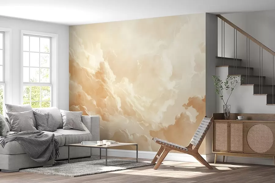 Fotobehang Beige lucht met wolken in een schilderachtige stijl w08550