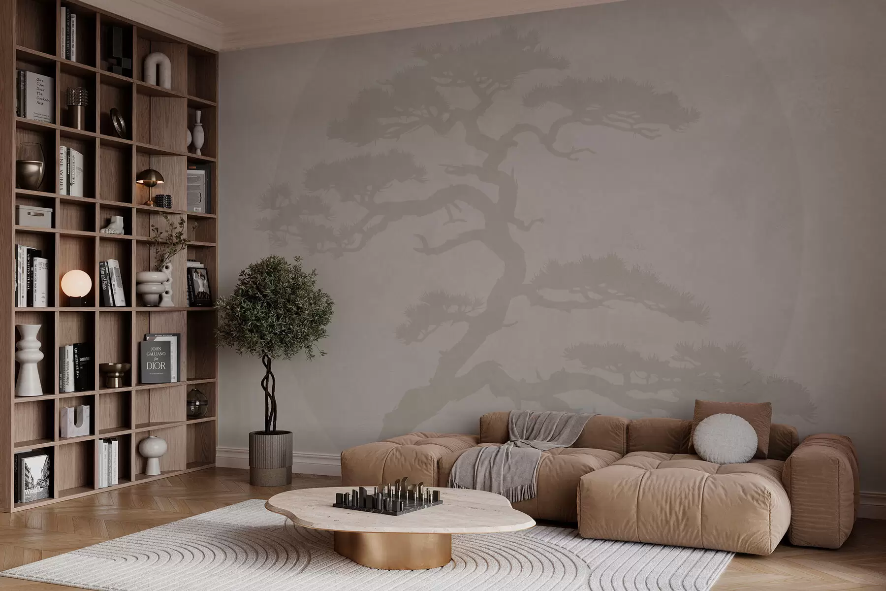 Fotobehang Japanse bonsaiboom en geometrie grunge achtergrond w08554v1