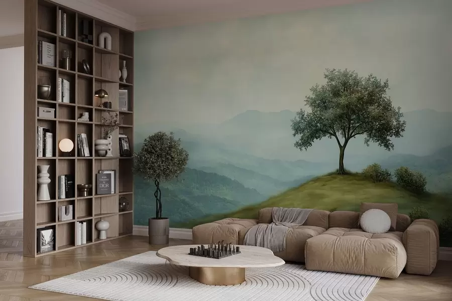 Fotobehang panorama met een boom op een heuvel w02683