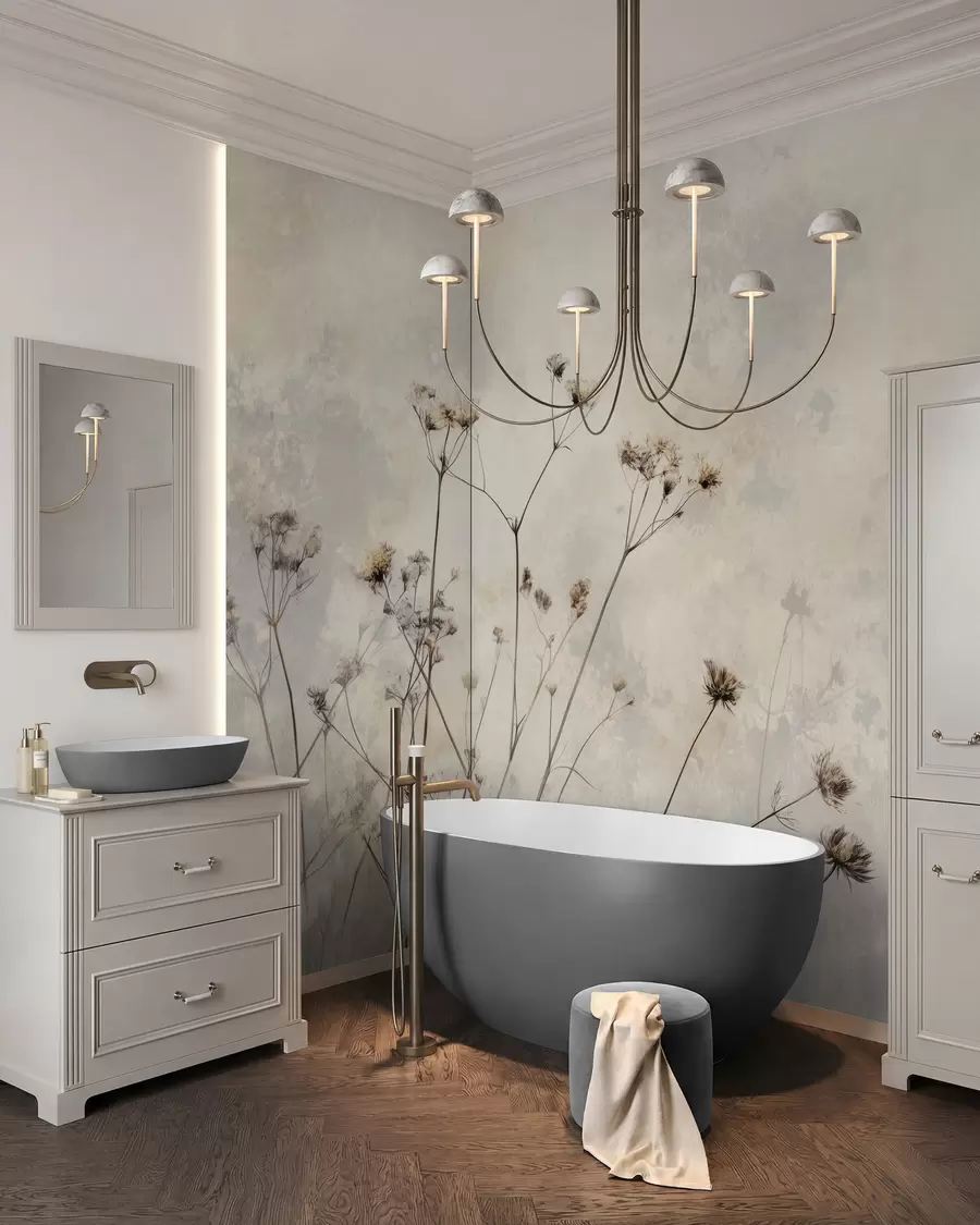 Fotobehang behang in eco-stijl met wilde planten in pastelkleuren w02684