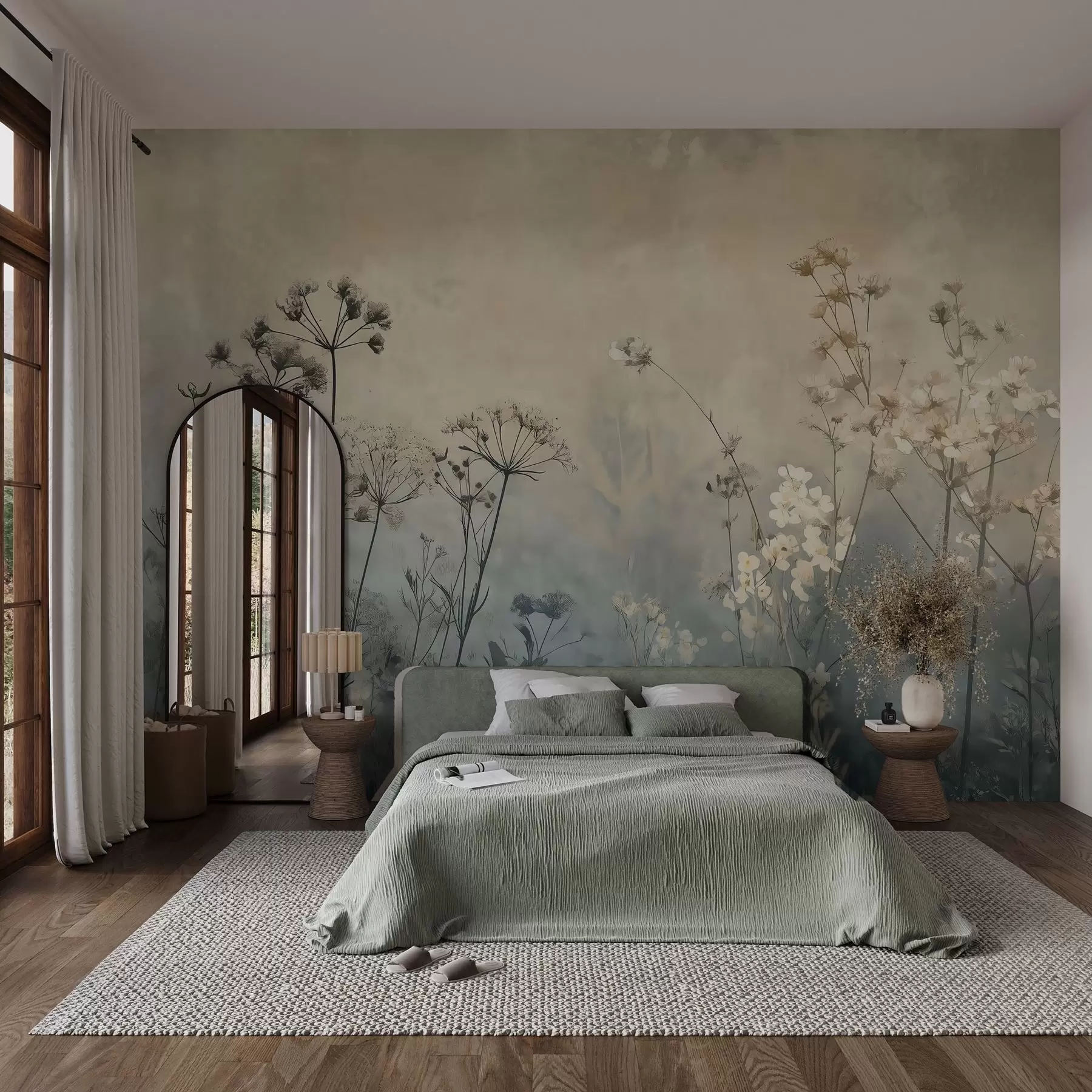 Fotobehang behang in eco-stijl met wilde bloemen en planten op een achtergrond met structuur w02685