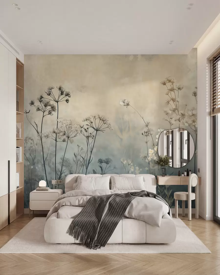 Fotobehang behang in eco-stijl met wilde bloemen en planten op een achtergrond met structuur w02685