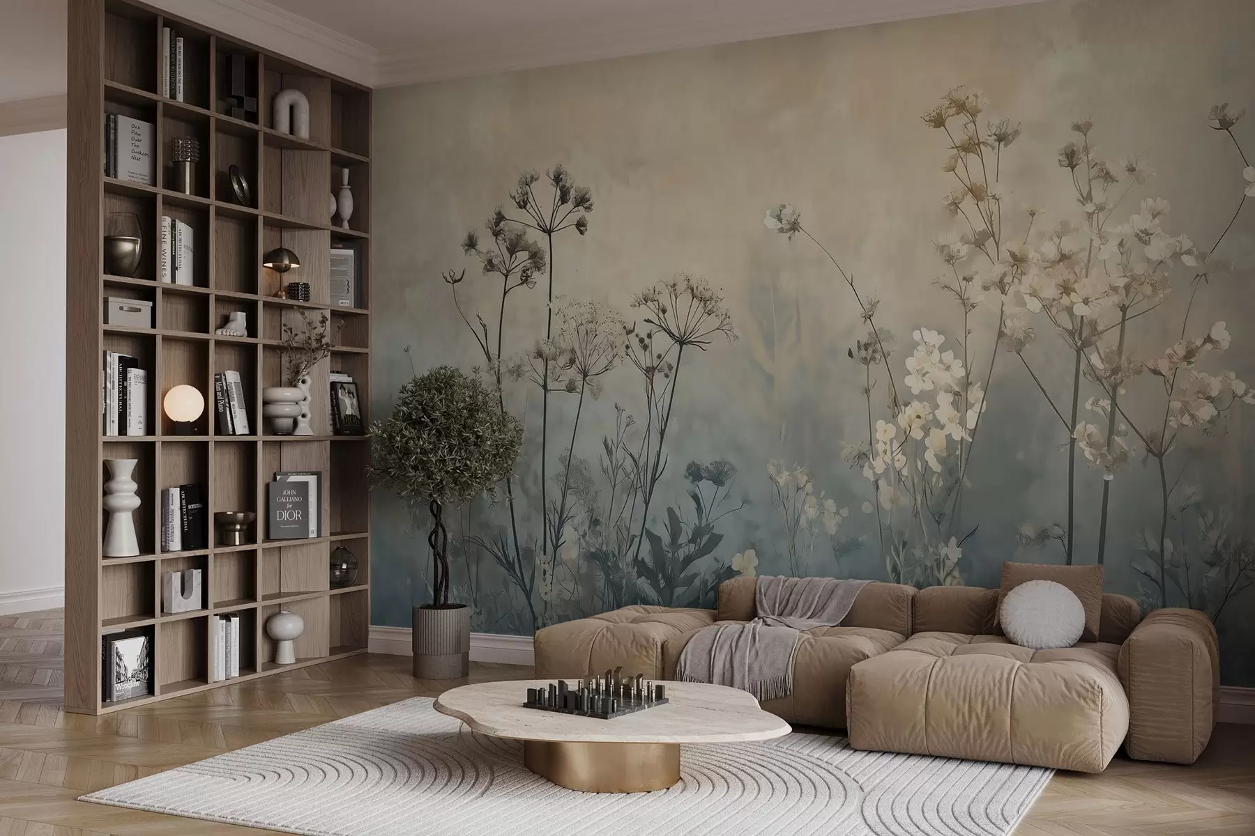Fotobehang behang in eco-stijl met wilde bloemen en planten op een achtergrond met structuur w02685