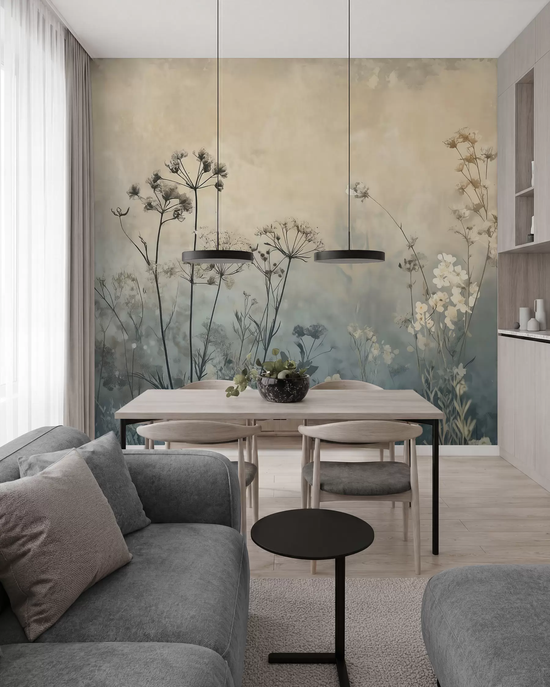 Fotobehang behang in eco-stijl met wilde bloemen en planten op een achtergrond met structuur w02685