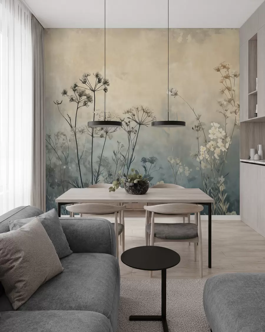 Fotobehang behang in eco-stijl met wilde bloemen en planten op een achtergrond met structuur w02685