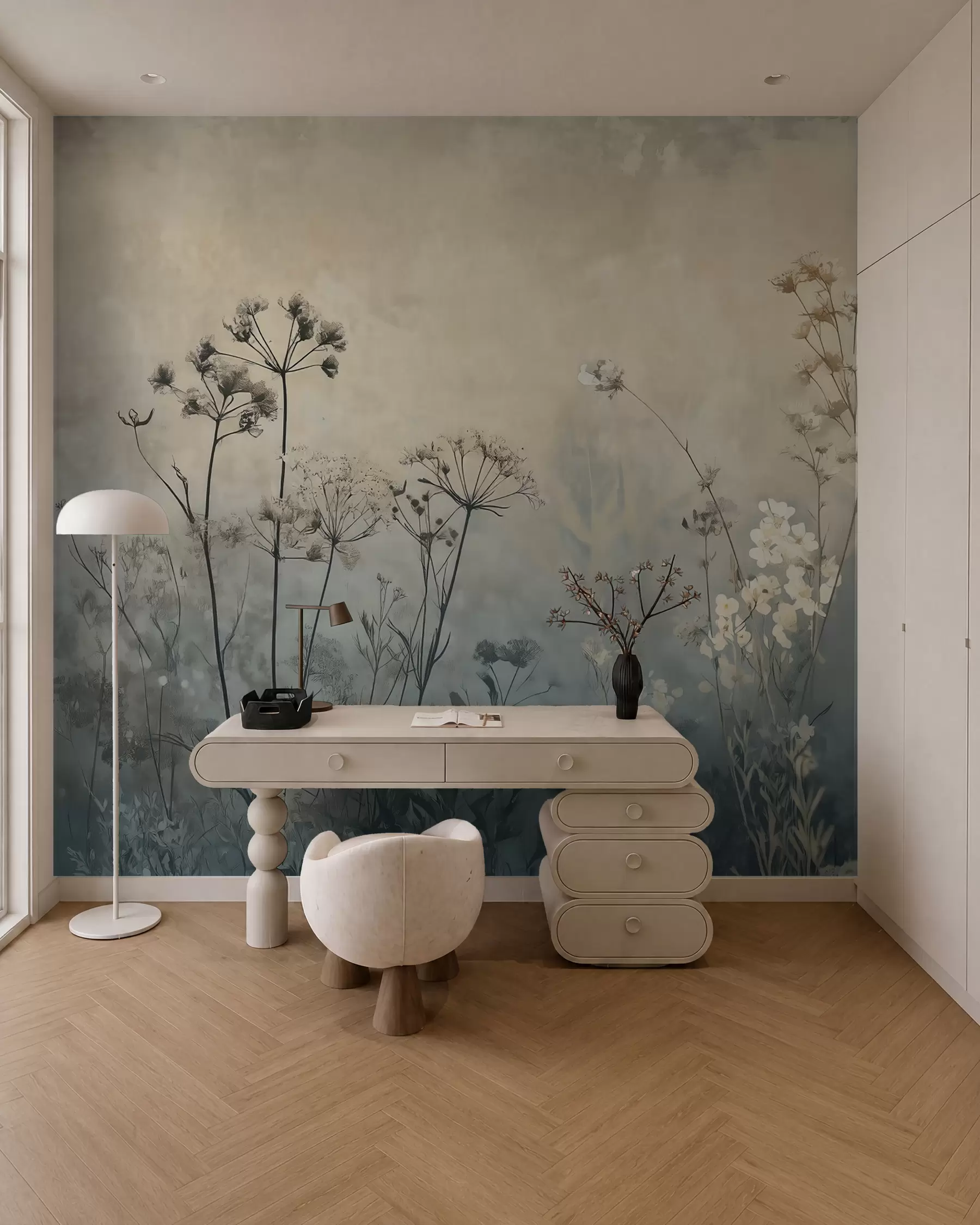 Fotobehang behang in eco-stijl met wilde bloemen en planten op een achtergrond met structuur w02685