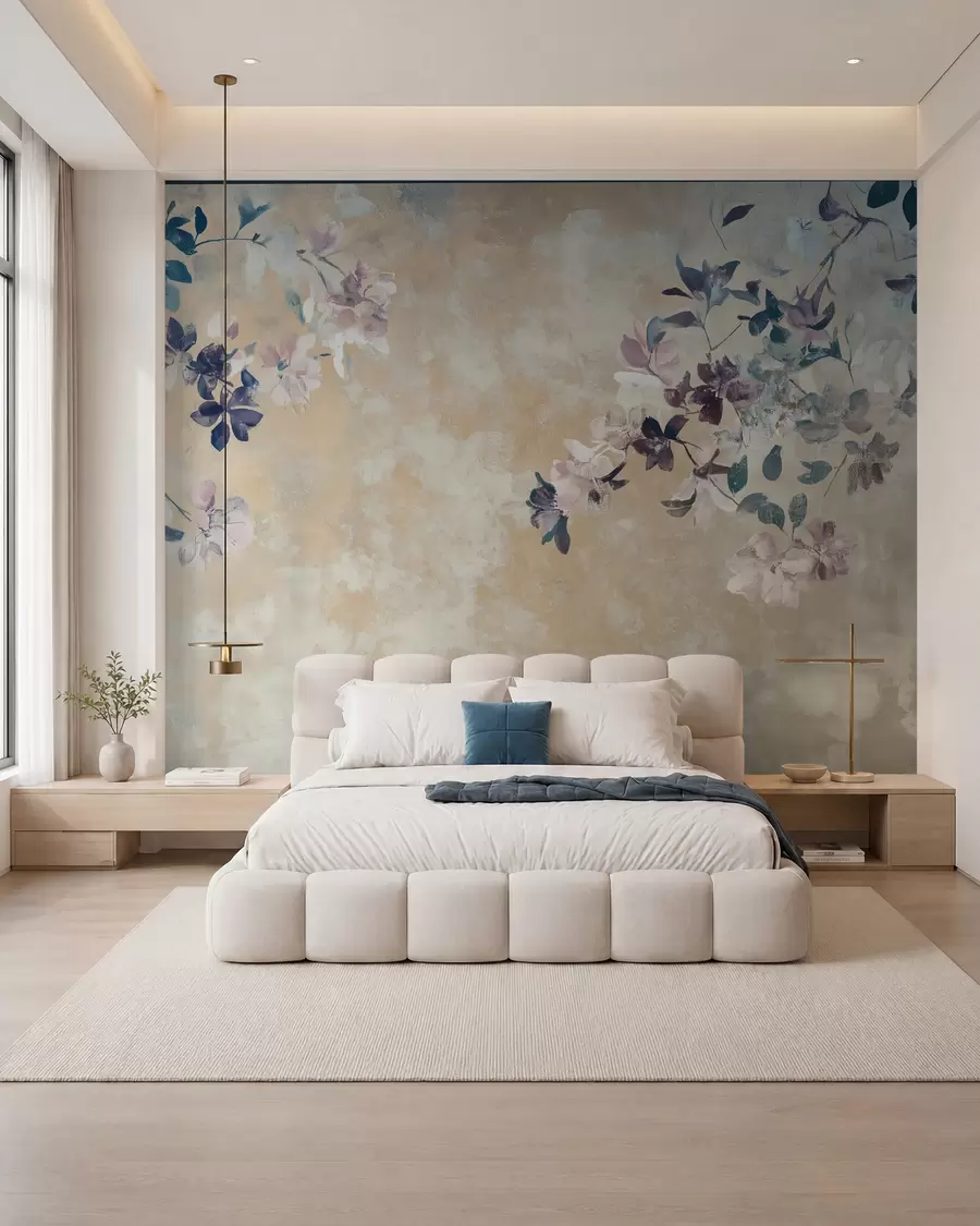 Fotobehang behang in retrostijl met takken en bloemen w02686
