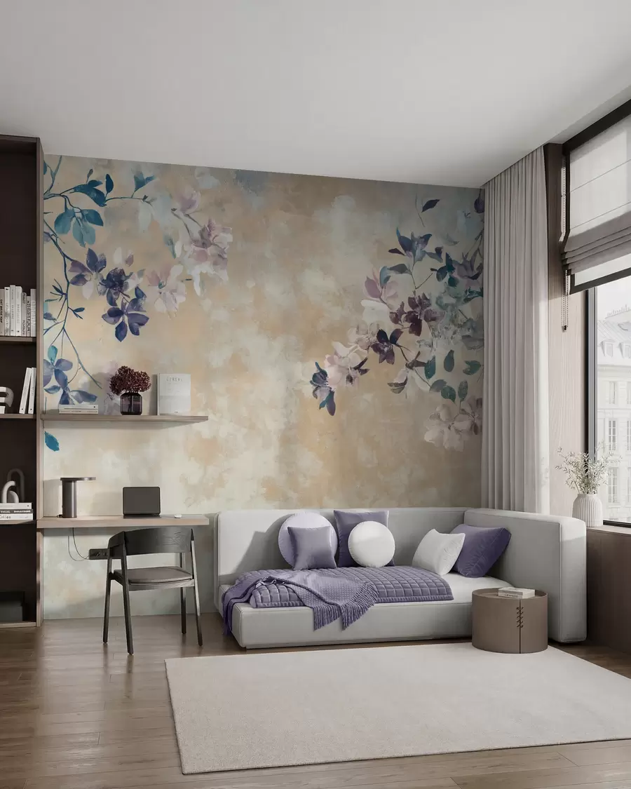 Fotobehang behang in retrostijl met takken en bloemen w02686